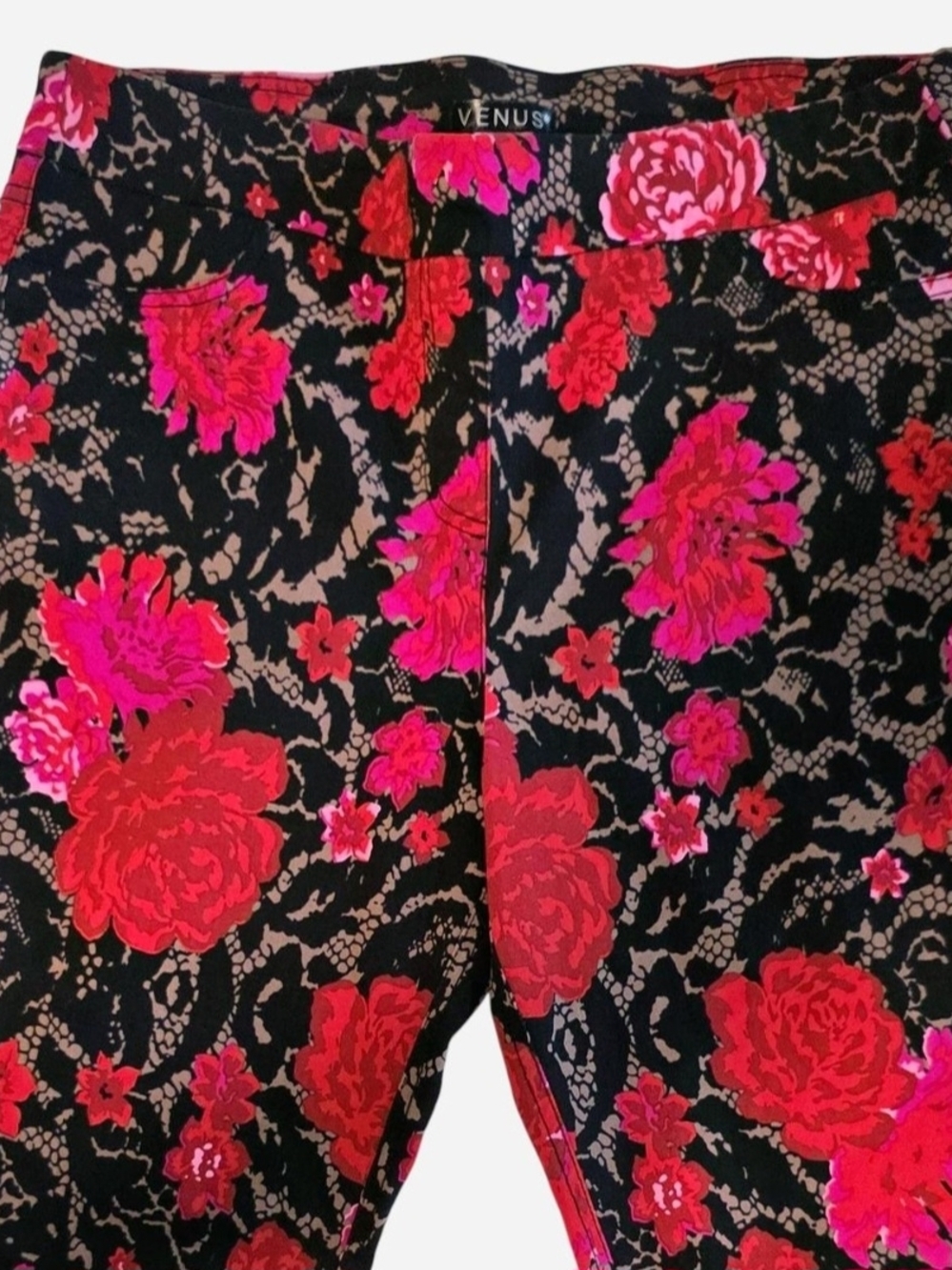 Venus Red/Black/Pink Floral & Lace Print Leggings Size L Stretchy Flattering - Picture 8 of 9